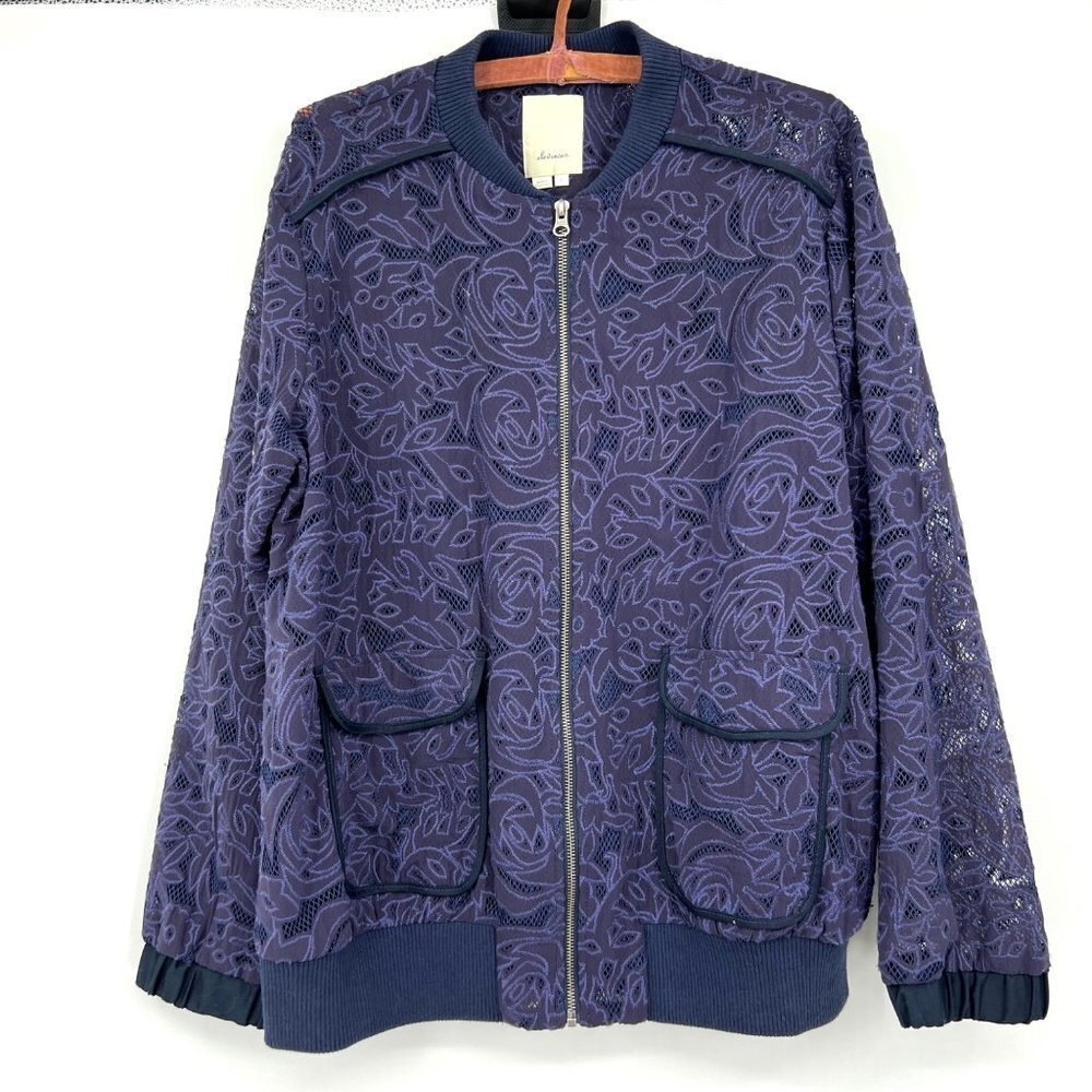 Anthropologie Elevenses Women’s Large Miranda Bomber Jacket Purple Blue hues Eye